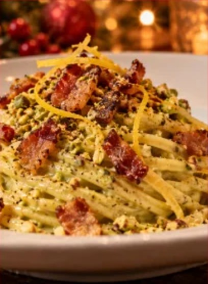 Tagliolino in crema di pistacchio, guanciale croccante con zest di limone